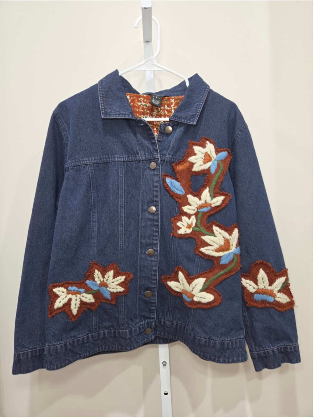 Multiples Women's Jacket - Size Large -Blue Brown Floral Embroidered Denim